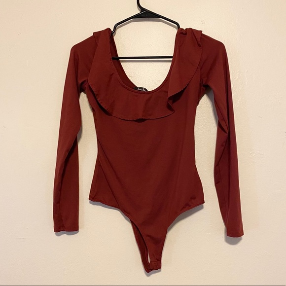 Lulus brick red ruffle long sleeve bodysuit - Picture 4 of 7